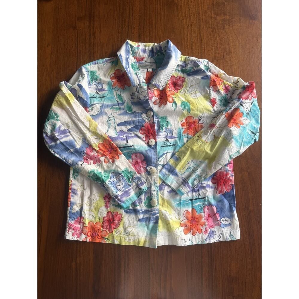 Coldwater Creek Women's Nautical Floral Watercolor Print Button-Up - Size S